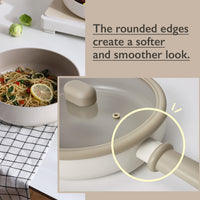 Rounded edge design of ChouChou pot with glass lid, emphasizing a soft and modern aesthetic in beige color