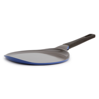 A 10-inch Neoflam Crepe Pan in berry blue color with a nonstick ceramic coating and a black handle.