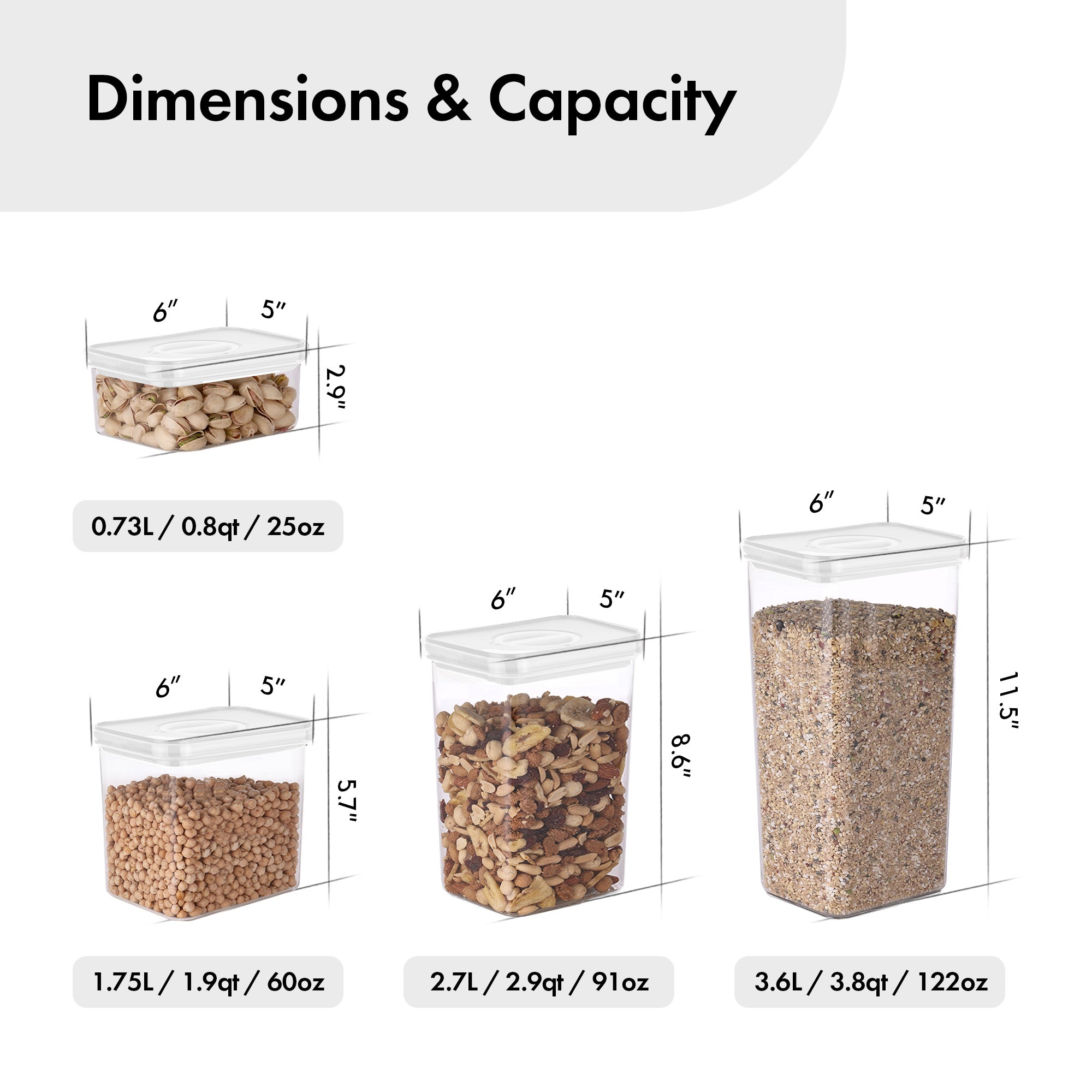 Smart Seal Food Storage, Rectangle, 4PCs Set, Glossy White Lid