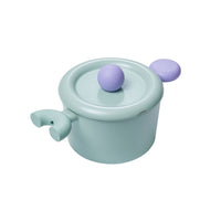 Better Finger 7" Casserole with mint green ceramic body, dual purple ball handles, and matching lid on white background